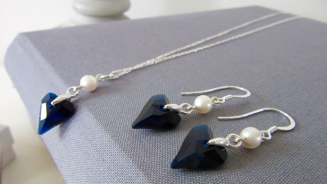 Navy Swarovski jewellery heart necklace and earrings